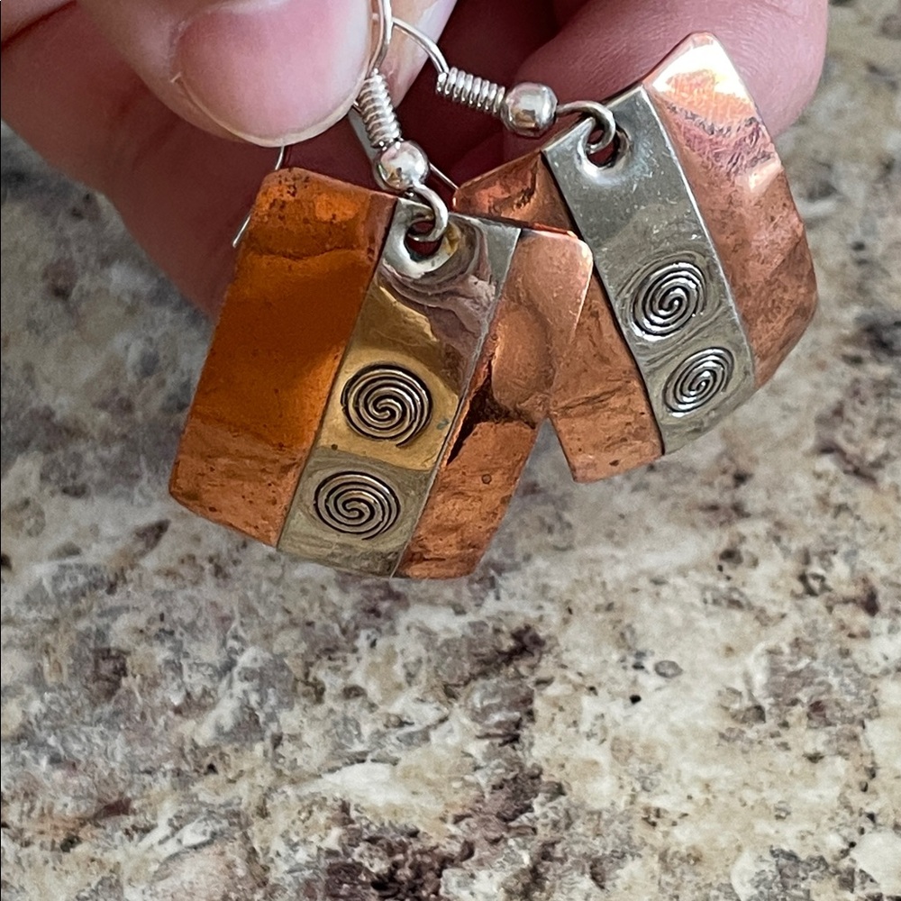 Copper And Silver Rectangular Earrings - image 4